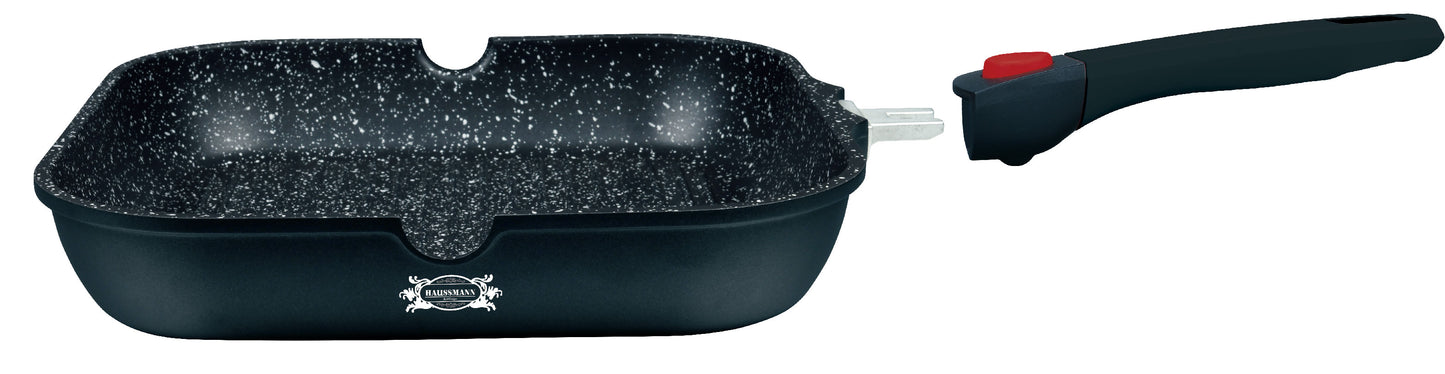 HAUSSMANN HERITAGE - Poêle Gril 28cm - Manche Amovible - Fonte d'Aluminium - Revêtement type pierre