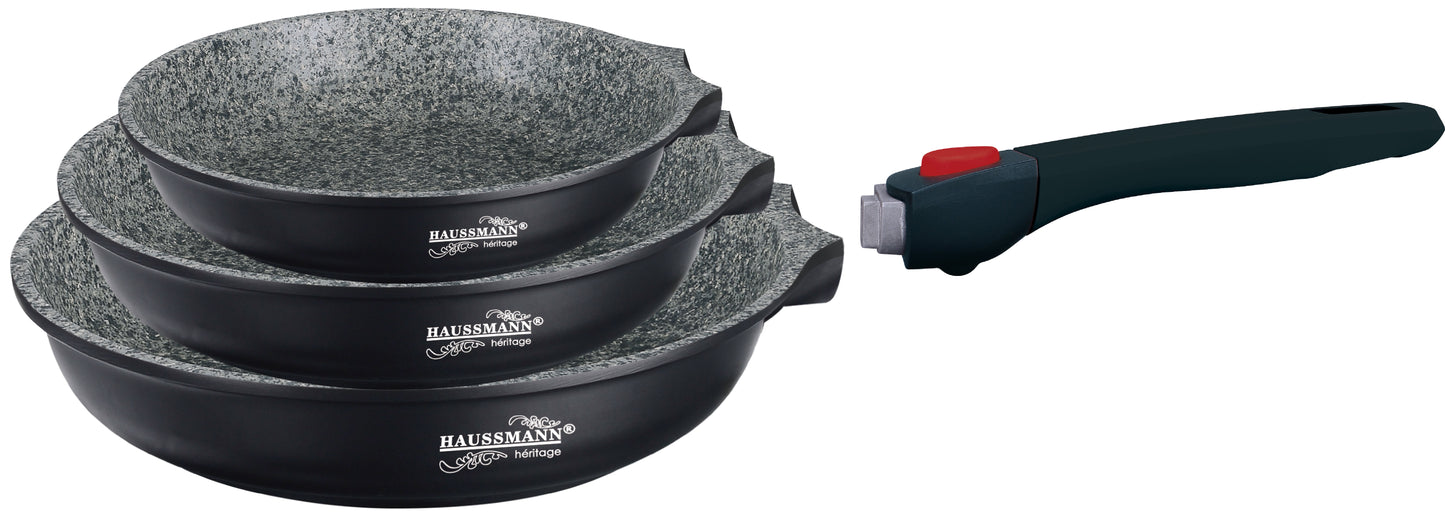 HAUSSMANN HERITAGE - Set de 3 Poêles 20/24/28cm - Revêtement façon Granite - Poignée Amovible