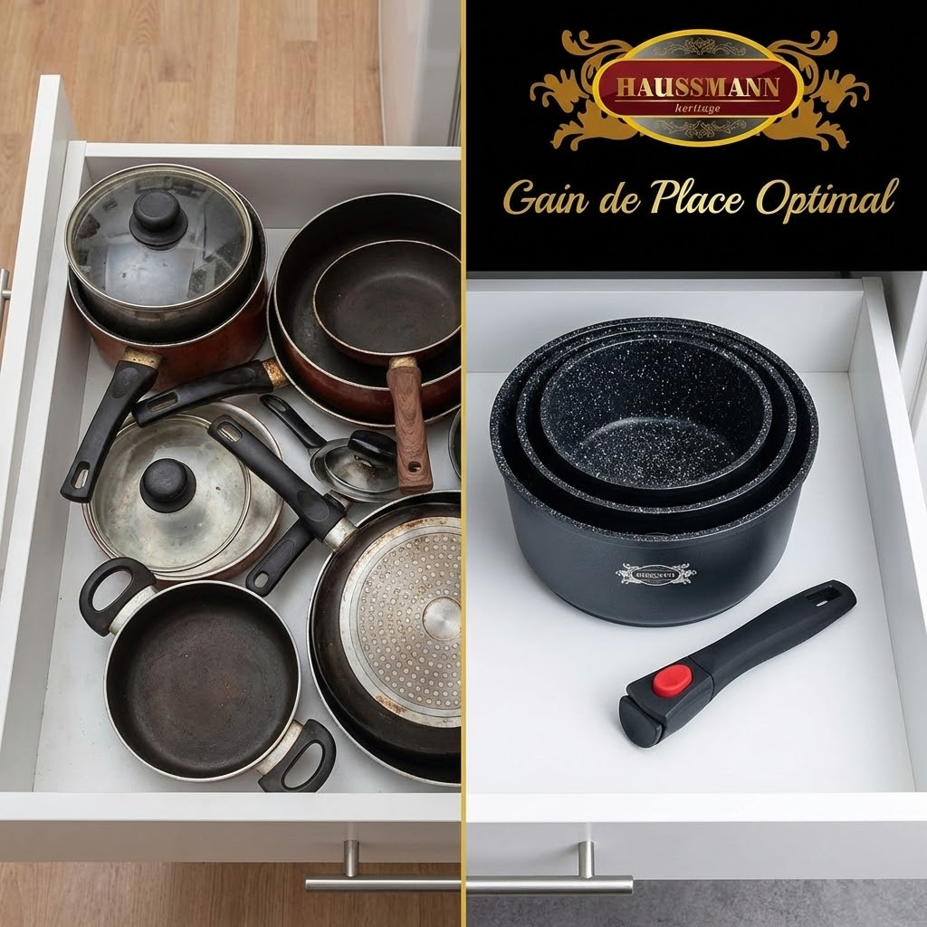 Haussmann Héritage® - Set 3 Casseroles Professionnelles (16, 18, 20 cm) | Manche Amovible | Induction & Four | Fonte d'Aluminium