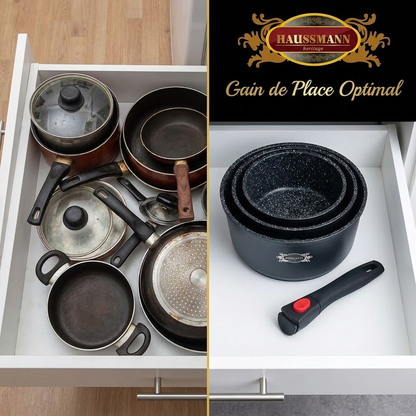 Haussmann Héritage® - Set 3 Casseroles Professionnelles (16, 18, 20 cm) | Manche Amovible | Induction & Four | Fonte d'Aluminium
