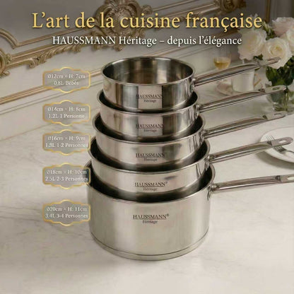 Haussmann Héritage® - Set 5 Casseroles Essentielles (12 à 20 cm) | INOX, Four 260°C & Graduation | Base 8 mm