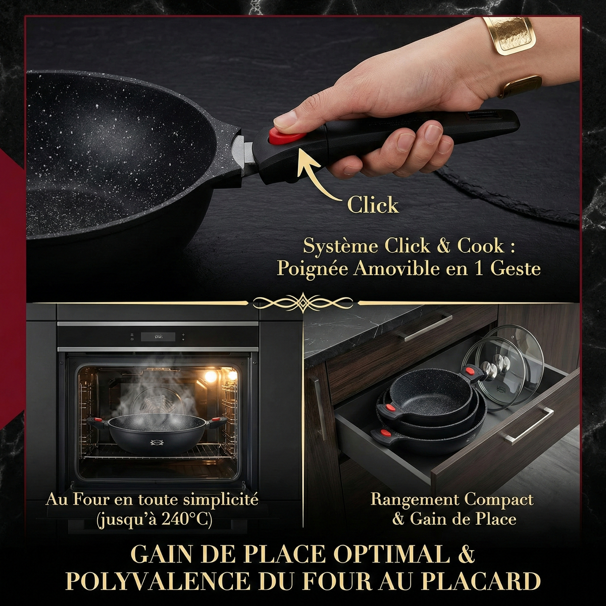 Haussmann Héritage® - Wok Antiadhésif 32 cm | Fonte d'Aluminium, Induction & Four | Manche Amovible | Cuisine Saine