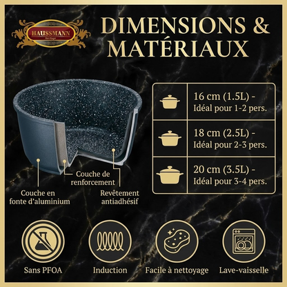 Haussmann Héritage® - Set 3 Casseroles Professionnelles (16, 18, 20 cm) | Manche Amovible | Induction & Four | Fonte d'Aluminium