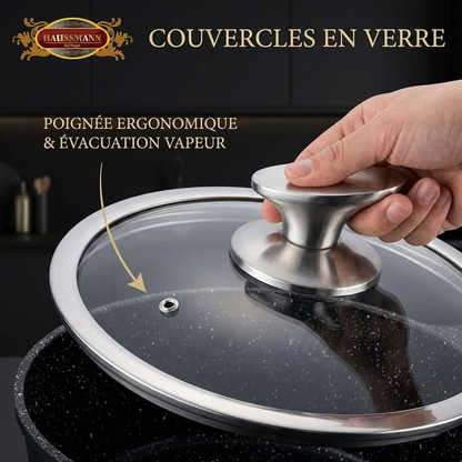 Haussmann Héritage® - Set 3 Casseroles Professionnelles (16, 18, 20 cm) | Manche Amovible | Induction & Four | Fonte d'Aluminium