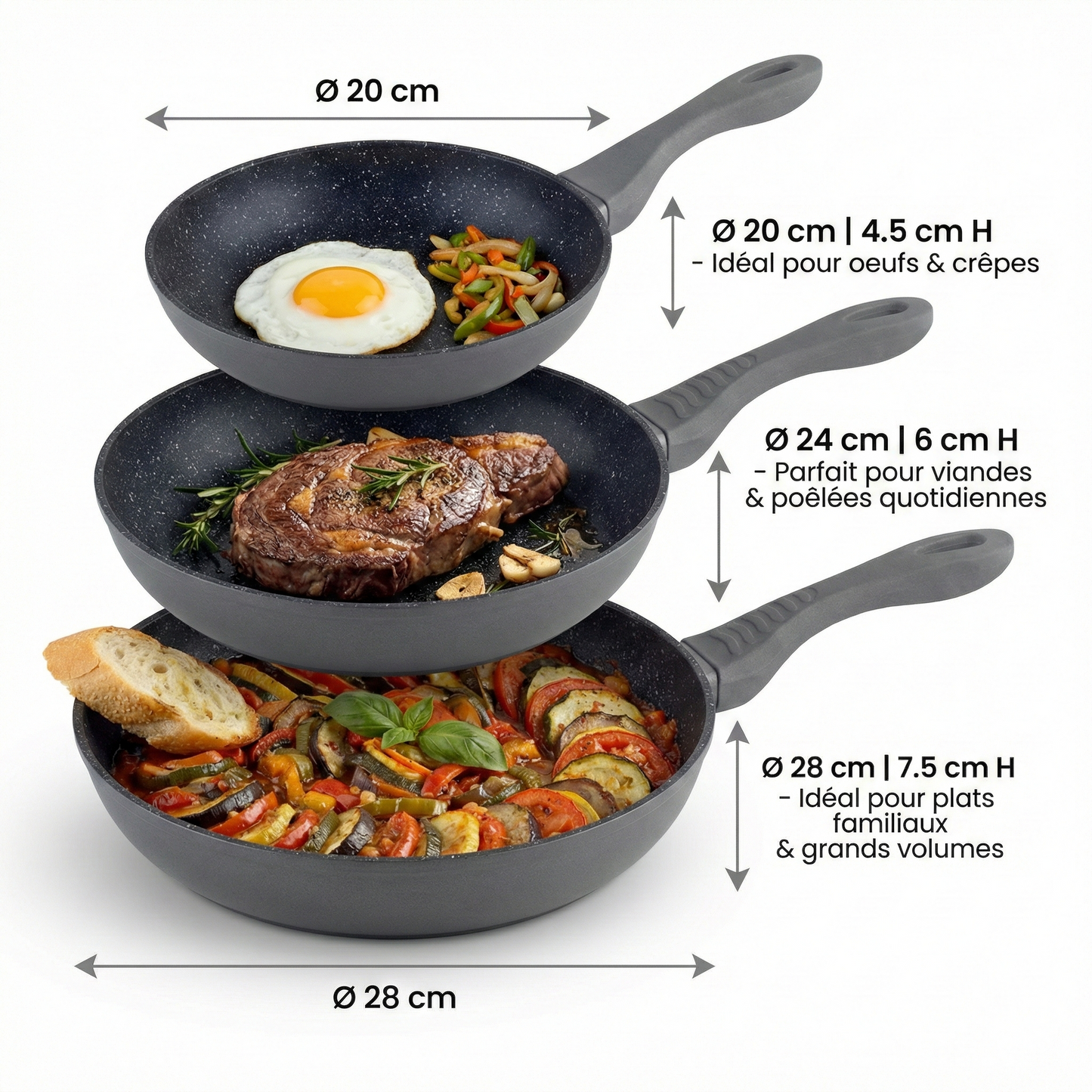 Haussmann Héritage®  - Set 3 Poêles Induction 20/24/28 cm – Antiadhésif StoneTech® 5 Couches Effet Pierre – Sans PFOA/PTFE