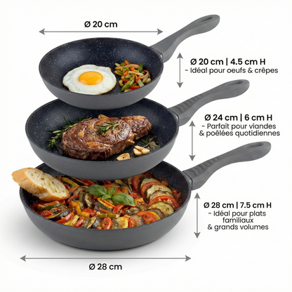 Haussmann Héritage®  - Set 3 Poêles Induction 20/24/28 cm – Antiadhésif StoneTech® 5 Couches Effet Pierre – Sans PFOA/PTFE