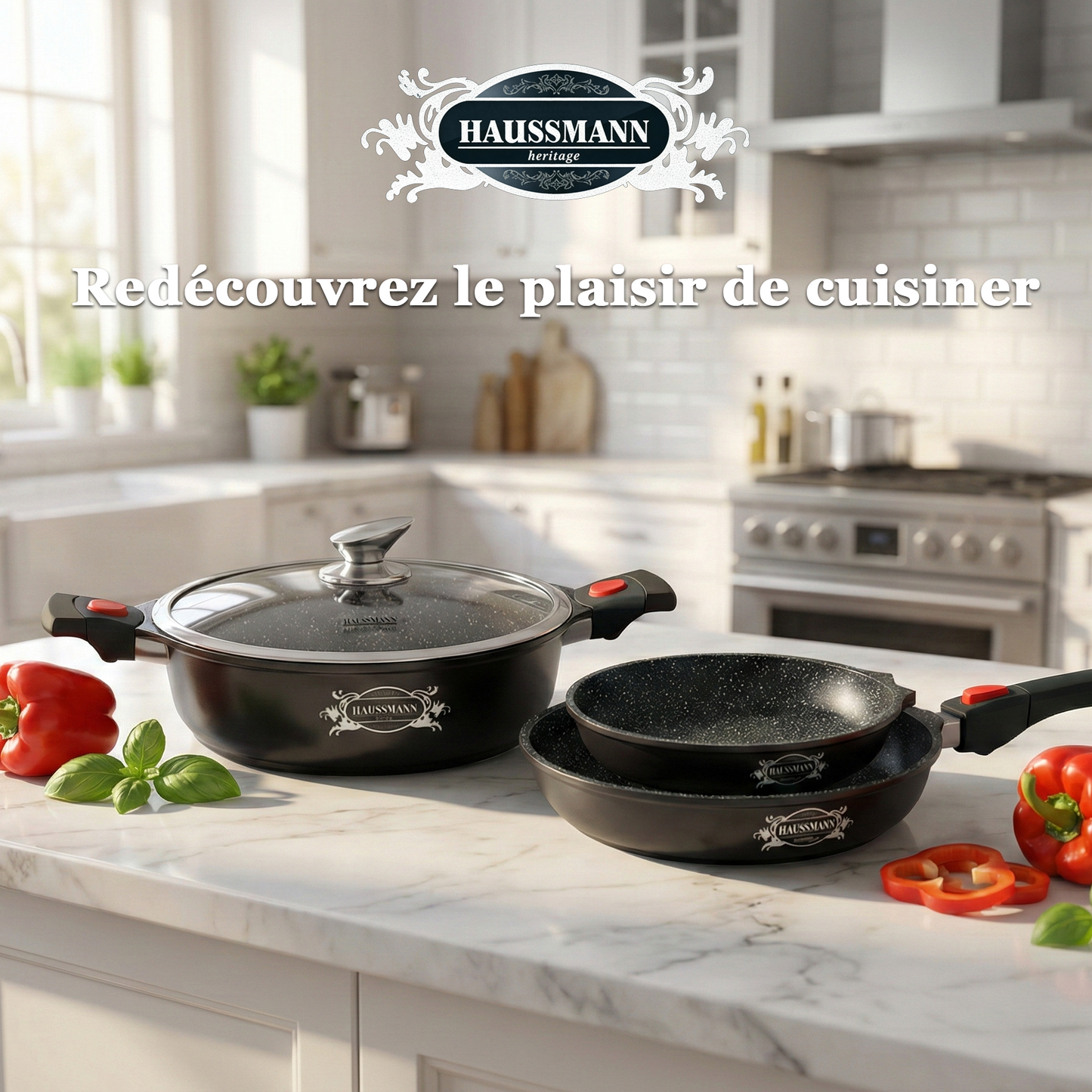 Haussmann Héritage® - Set 4 Pièces Essentiels | Poignée Amovible 1 Clic | Fonte d'Aluminium, Induction & Four | Antiadhésif Sans PFOA