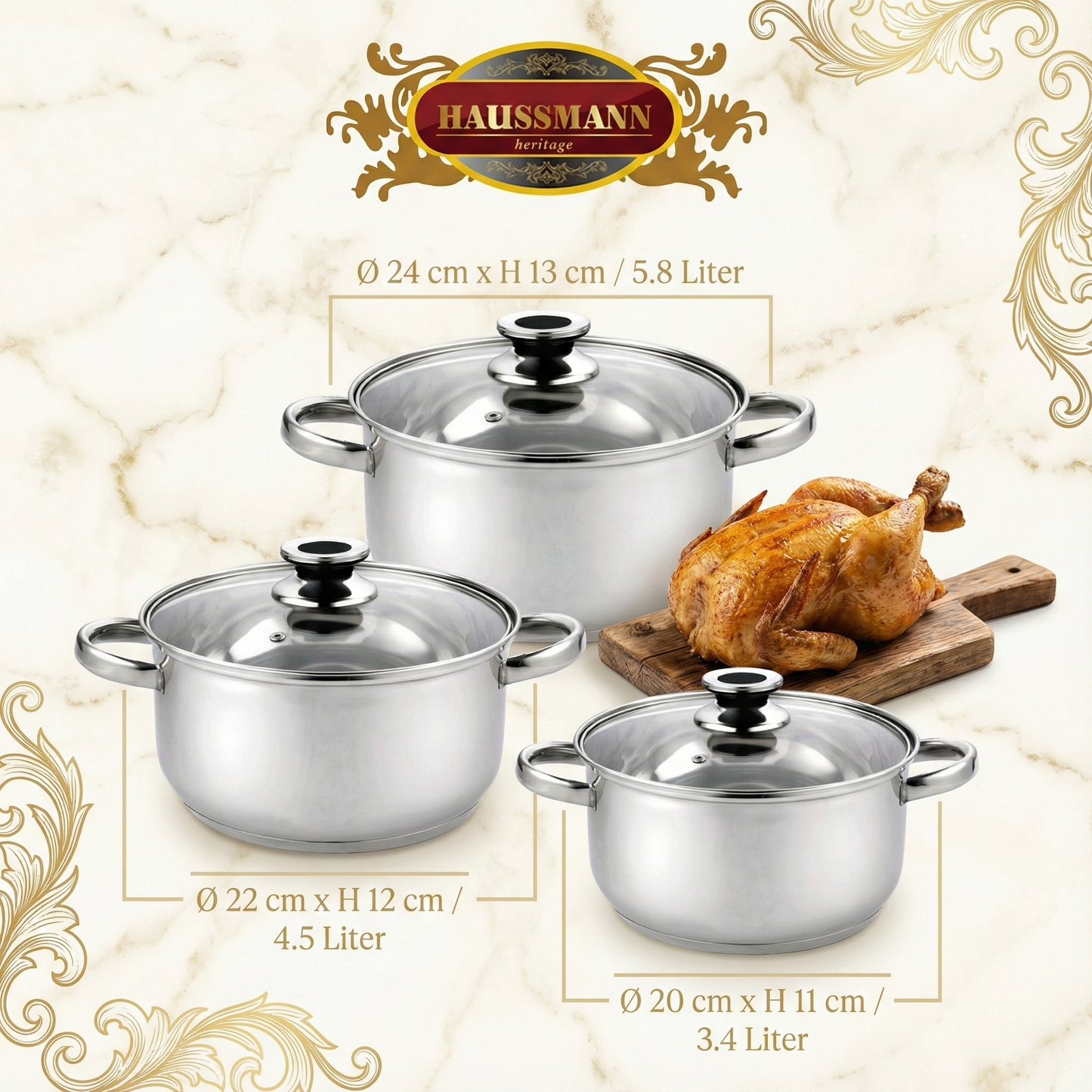 Haussmann Héritage® - Lot de 3 Marmites (6 Pièces) en Acier Inoxydable | 3.4 L, 4.5 L, 5.8 L | Tous Feux dont Induction