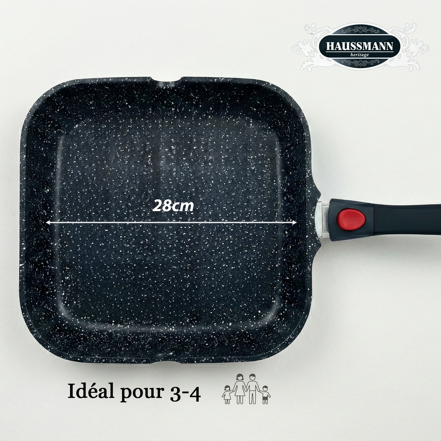 Haussmann Héritage® - Poêle Gril Antiadhésive 28 cm | Grillades Parfaites | Induction & Four | Manche Amovible