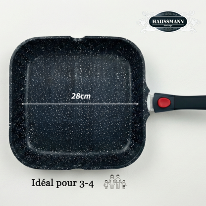 Haussmann Héritage® - Poêle Gril Antiadhésive 28 cm | Grillades Parfaites | Induction & Four | Manche Amovible
