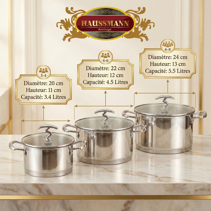 Haussmann Héritage® - Lot 3 Faitouts/Marmites Professionnels | Inox 18/10, Induction, Four 180°C | Couvercles Verre & Graduation