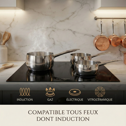Haussmann Héritage® - Set 3 Casseroles Professionnelles (16, 18, 20 cm) | INOX Robuste, Induction & Four 260°C | Base 8 mm