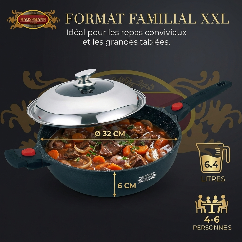 Haussmann Héritage® - Wok Antiadhésif 32 cm | Fonte d'Aluminium, Induction & Four | Manche Amovible | Cuisine Saine