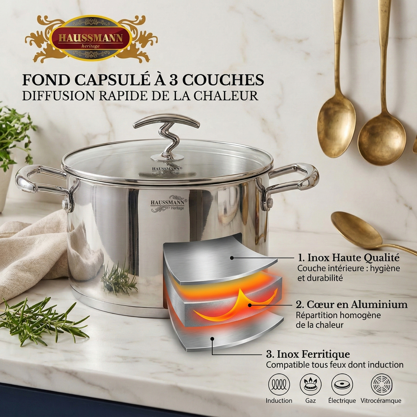 Haussmann Héritage® - Lot 3 Faitouts/Marmites Professionnels | Inox 18/10, Induction, Four 180°C | Couvercles Verre & Graduation