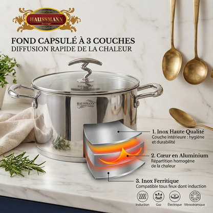 Haussmann Héritage® - Lot 3 Faitouts/Marmites Professionnels | Inox 18/10, Induction, Four 180°C | Couvercles Verre & Graduation