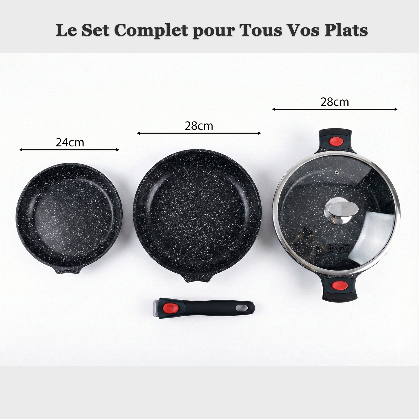 Haussmann Héritage® - Set 4 Pièces Essentiels | Poignée Amovible 1 Clic | Fonte d'Aluminium, Induction & Four | Antiadhésif Sans PFOA