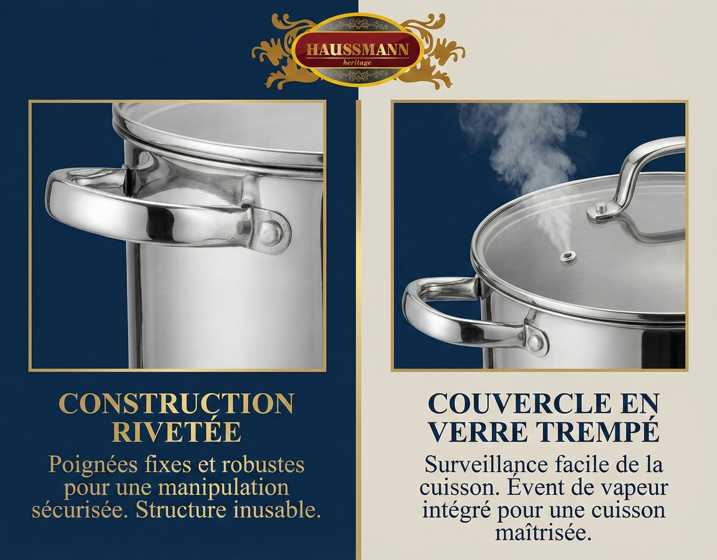 Haussmann Héritage® - Set 3 Pièces Couscoussier / Cuit Vapeur / Faitout| INOX Haute Qualité | Induction & Lave-Vaisselle