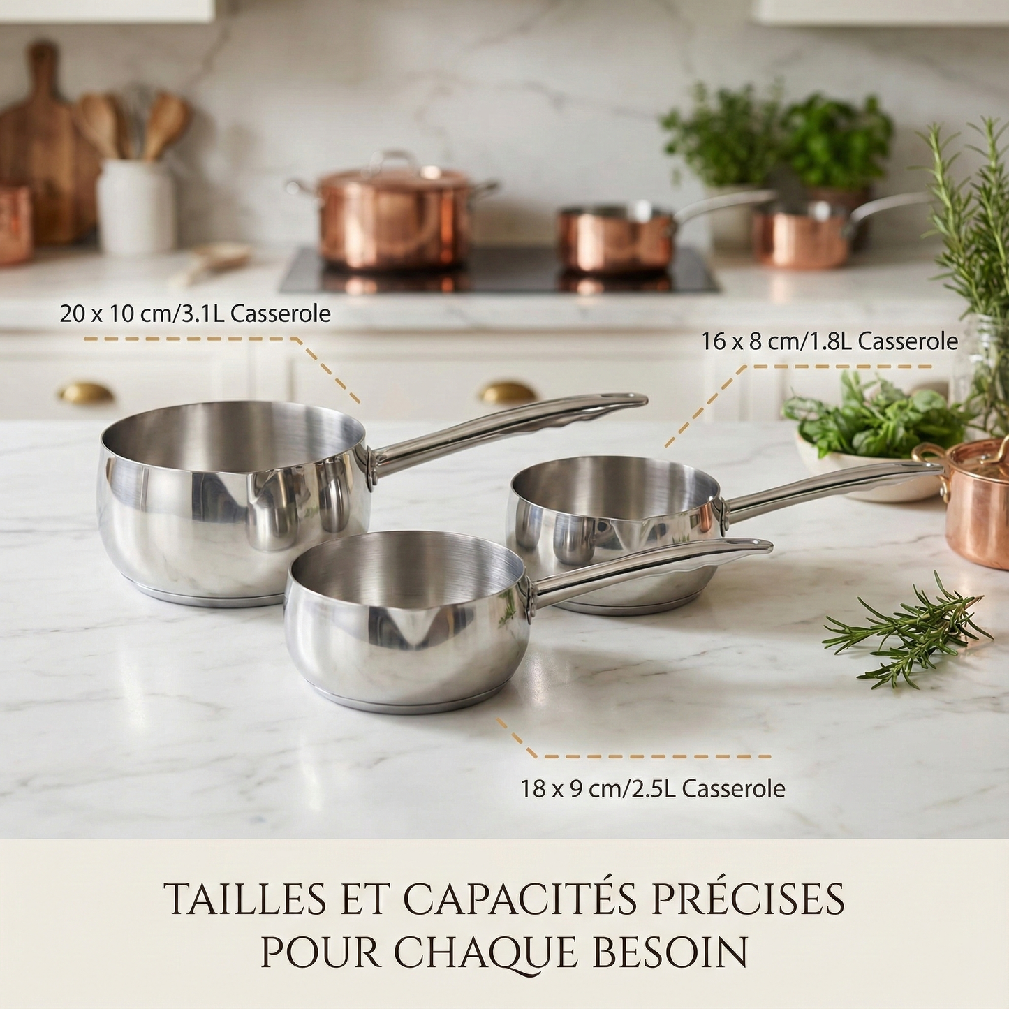 Haussmann Héritage® - Set 3 Casseroles Professionnelles (16, 18, 20 cm) | INOX Robuste, Induction & Four 260°C | Base 8 mm