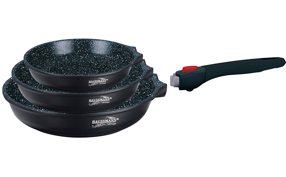 Haussmann Héritage® - Set 3 Poêles Antiadhésives (20/24/28 cm) | Poignée Amovible | Induction & Four 260°C | Gain de Place