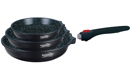 Haussmann Héritage® - Set 3 Poêles Antiadhésives (20/24/28 cm) | Poignée Amovible | Induction & Four 260°C | Gain de Place