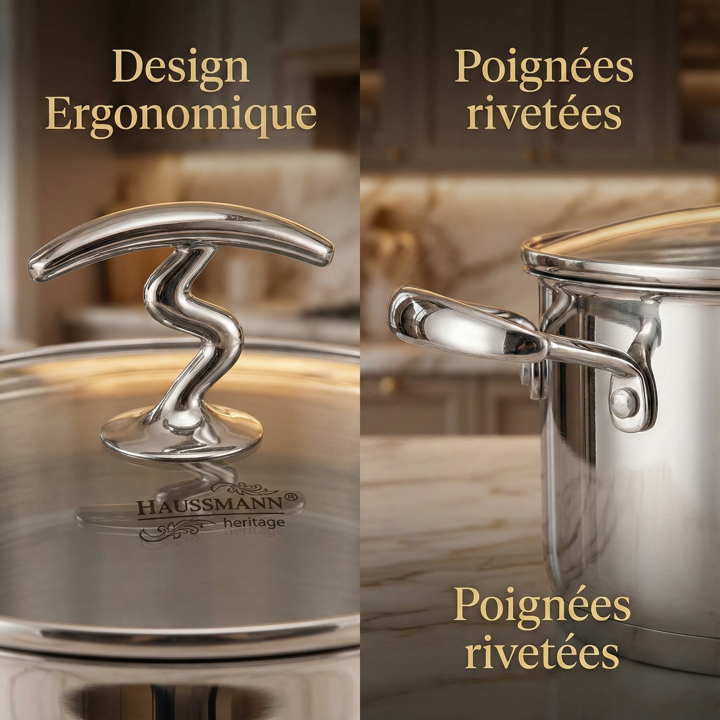 Haussmann Héritage® - Lot 3 Faitouts/Marmites Professionnels | Inox 18/10, Induction, Four 180°C | Couvercles Verre & Graduation