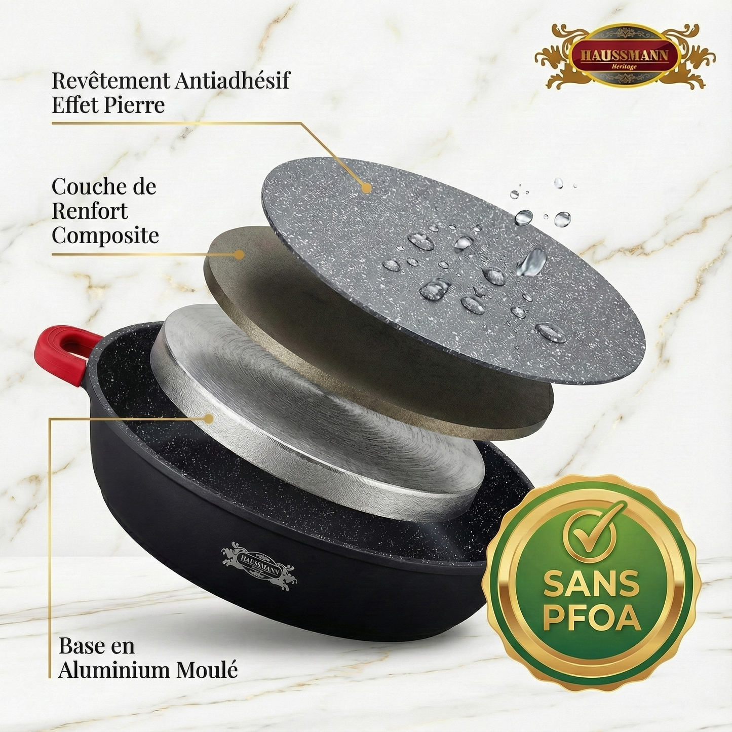 Haussmann Héritage® - Sautoir Familial XXL | Ø 32 à 40 cm | Fonte d'Aluminium, Revêtement Pierre | Induction & Lave-Vaisselle