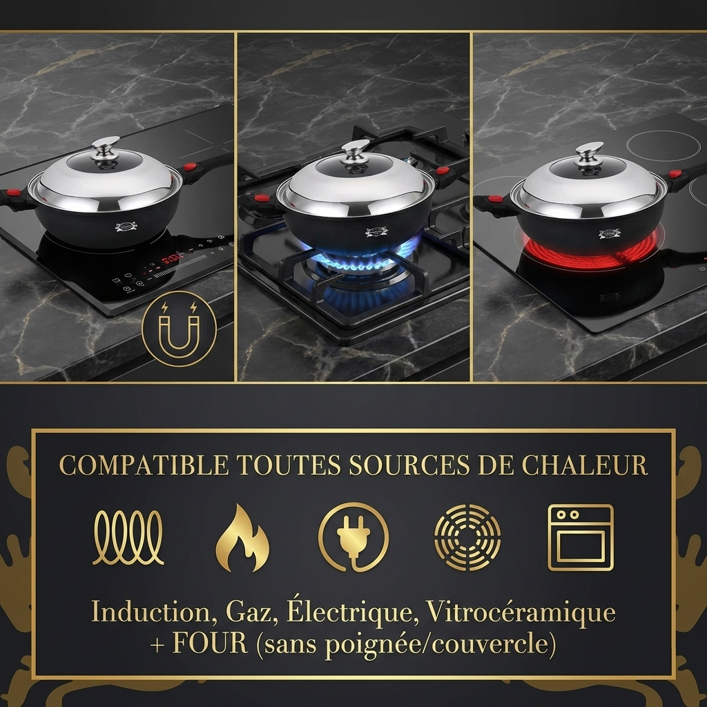 Haussmann Héritage® - Wok Antiadhésif 32 cm | Fonte d'Aluminium, Induction & Four | Manche Amovible | Cuisine Saine
