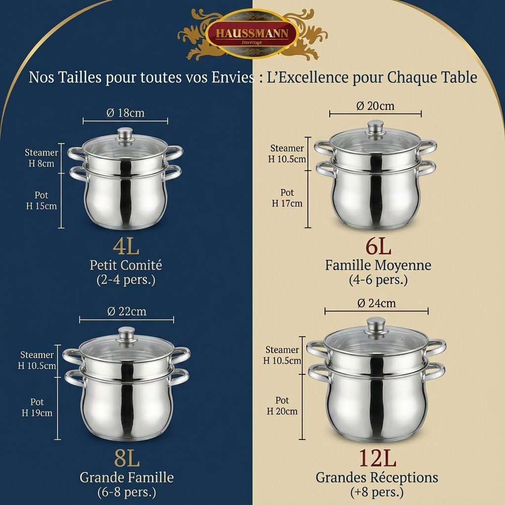 Haussmann Héritage® - Set 3 Pièces Couscoussier / Cuit Vapeur / Faitout| INOX Haute Qualité | Induction & Lave-Vaisselle