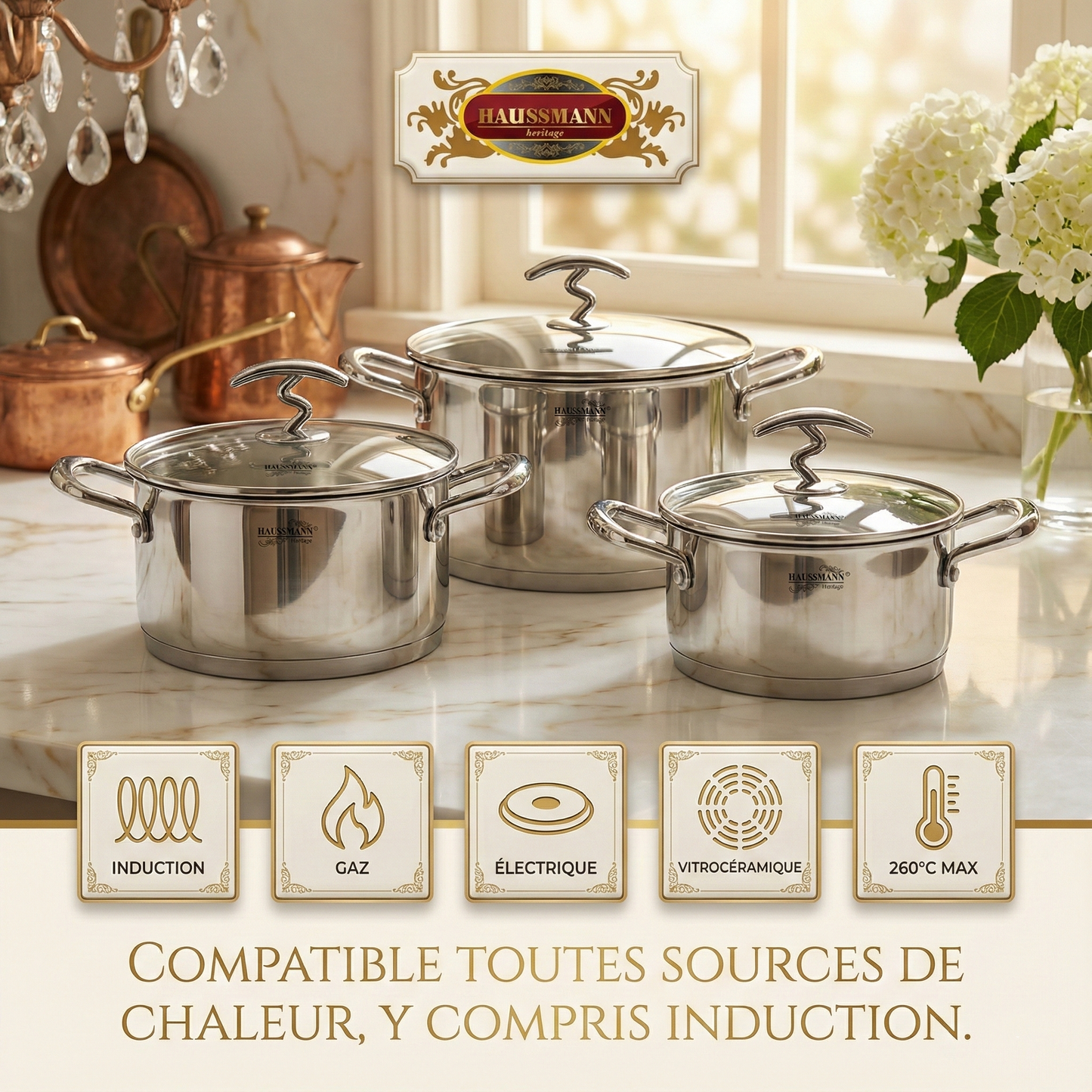 Haussmann Héritage® - Lot 3 Faitouts/Marmites Professionnels | Inox 18/10, Induction, Four 180°C | Couvercles Verre & Graduation