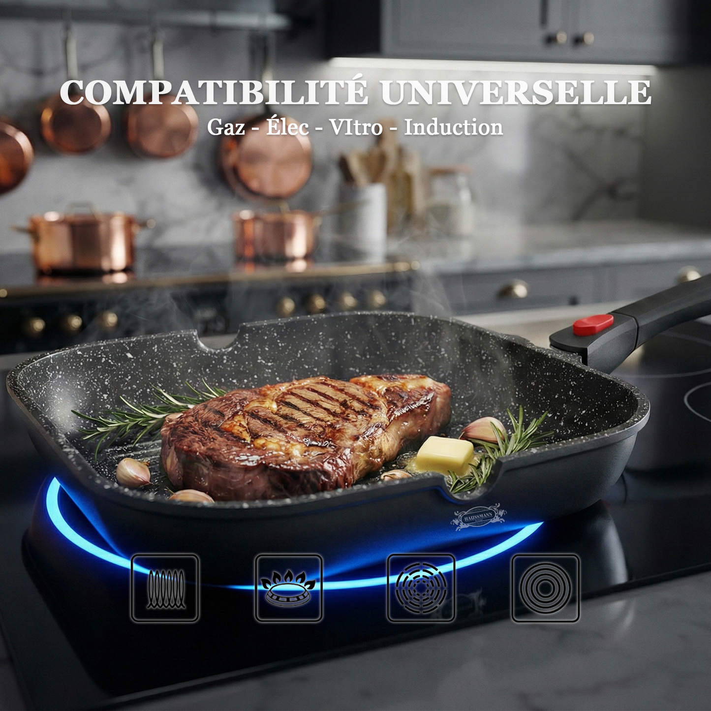 Haussmann Héritage® - Poêle Gril Antiadhésive 28 cm | Grillades Parfaites | Induction & Four | Manche Amovible
