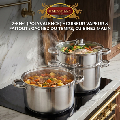 Haussmann Héritage® - Couscoussier / Cuit Vapeur / Faitout 3 en 1 | INOX Triple Fond, Induction & Four 260°C | Lave-Vaisselle