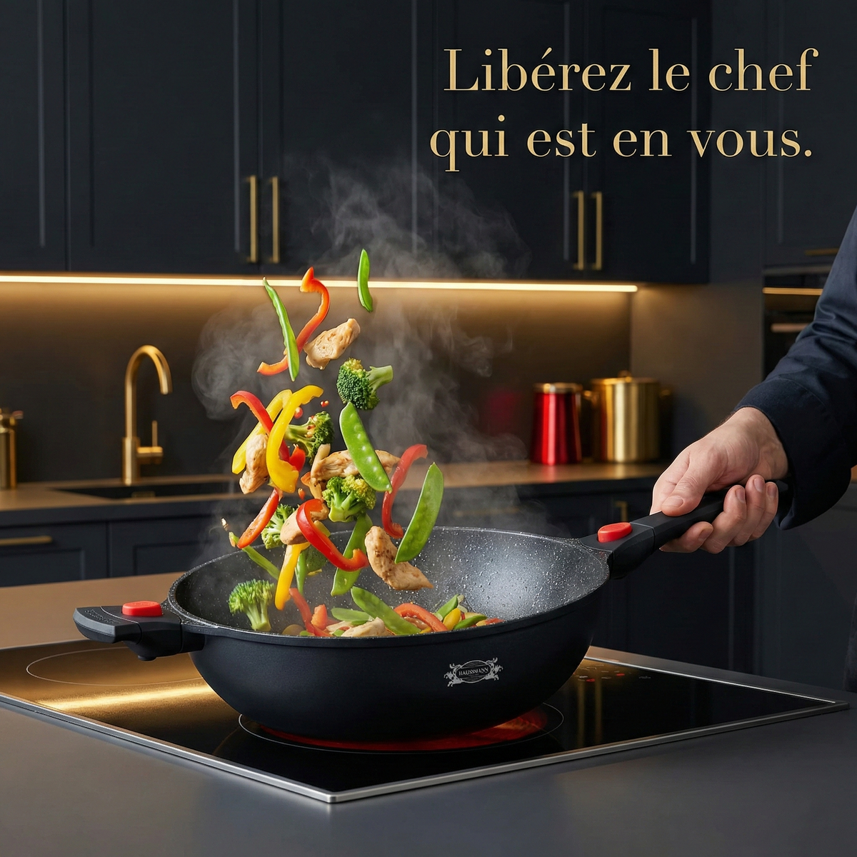 Haussmann Héritage® - Wok Antiadhésif 32 cm | Fonte d'Aluminium, Induction & Four | Manche Amovible | Cuisine Saine