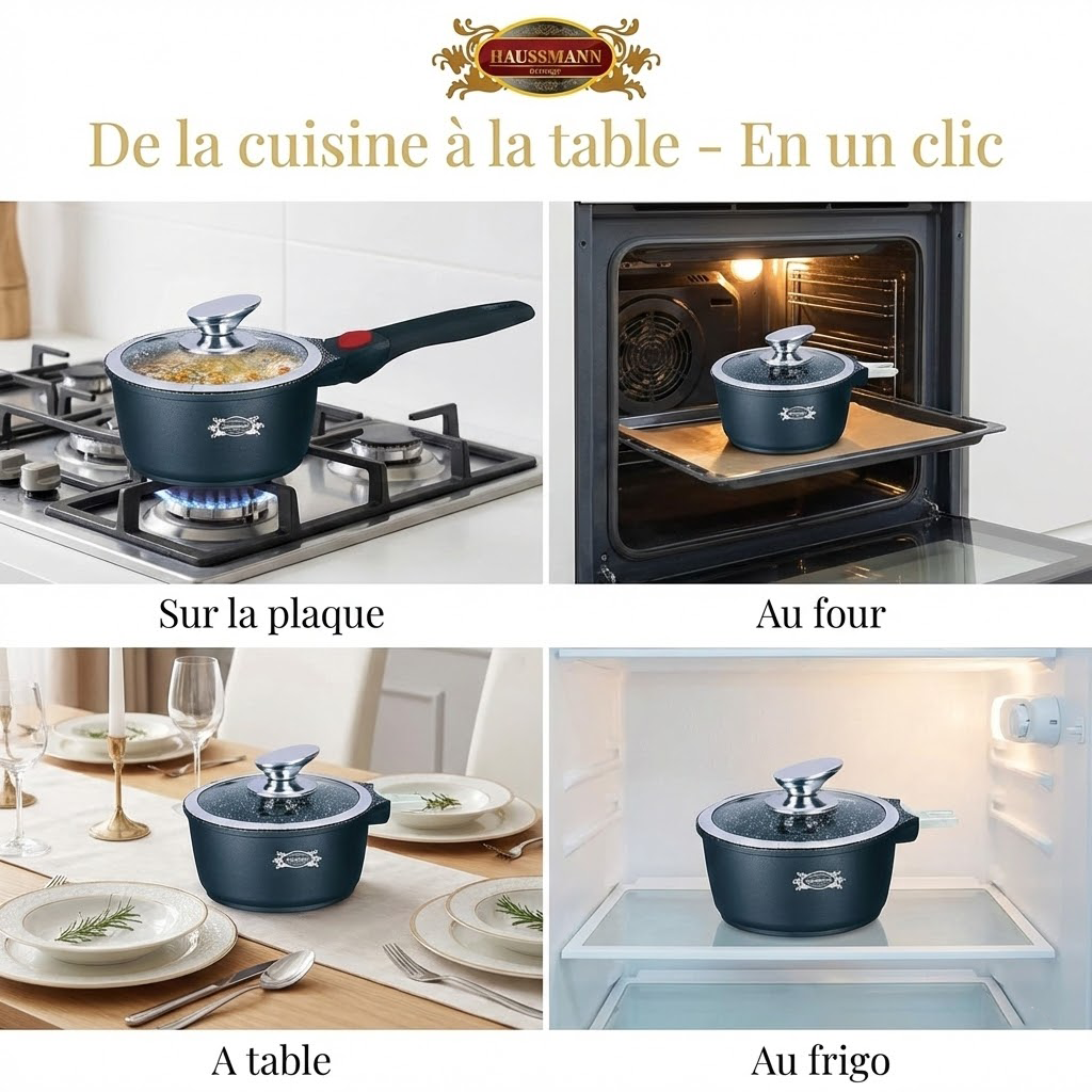 Haussmann Héritage® - Set 3 Casseroles Professionnelles (16, 18, 20 cm) | Manche Amovible | Induction & Four | Fonte d'Aluminium