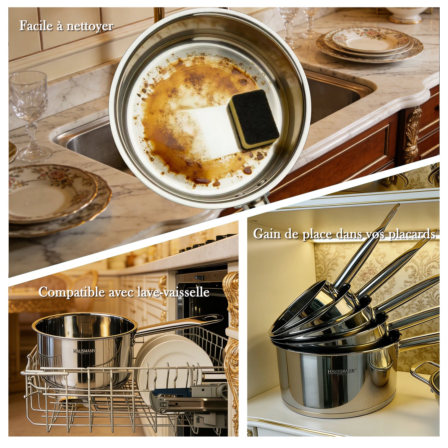Haussmann Héritage® - Set 5 Casseroles Essentielles (12 à 20 cm) | INOX, Four 260°C & Graduation | Base 8 mm