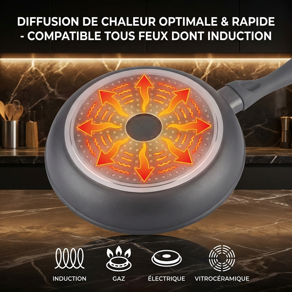 Haussmann Héritage®  - Set 3 Poêles Induction 20/24/28 cm – Antiadhésif StoneTech® 5 Couches Effet Pierre – Sans PFOA/PTFE