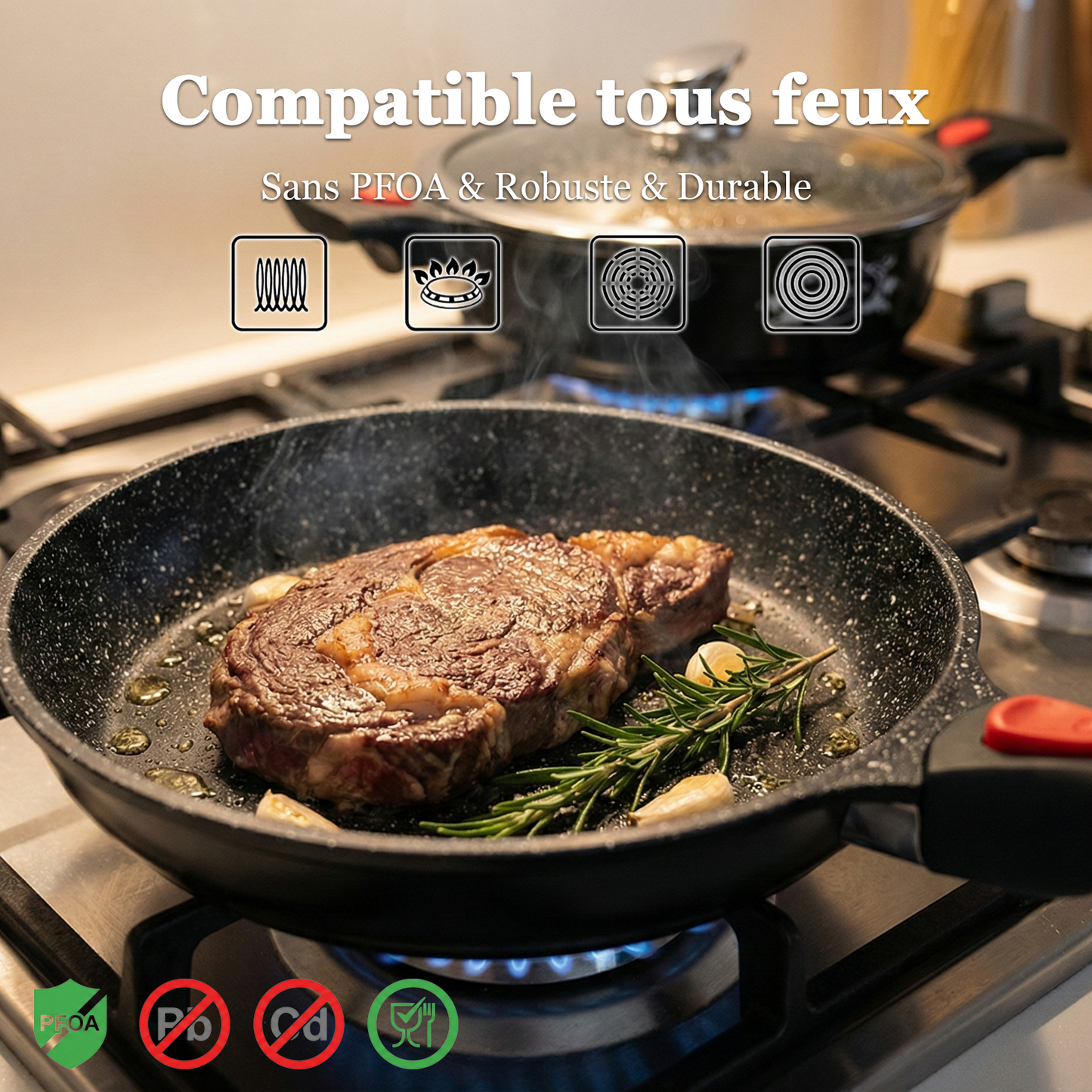 Haussmann Héritage® - Set 4 Pièces Essentiels | Poignée Amovible 1 Clic | Fonte d'Aluminium, Induction & Four | Antiadhésif Sans PFOA