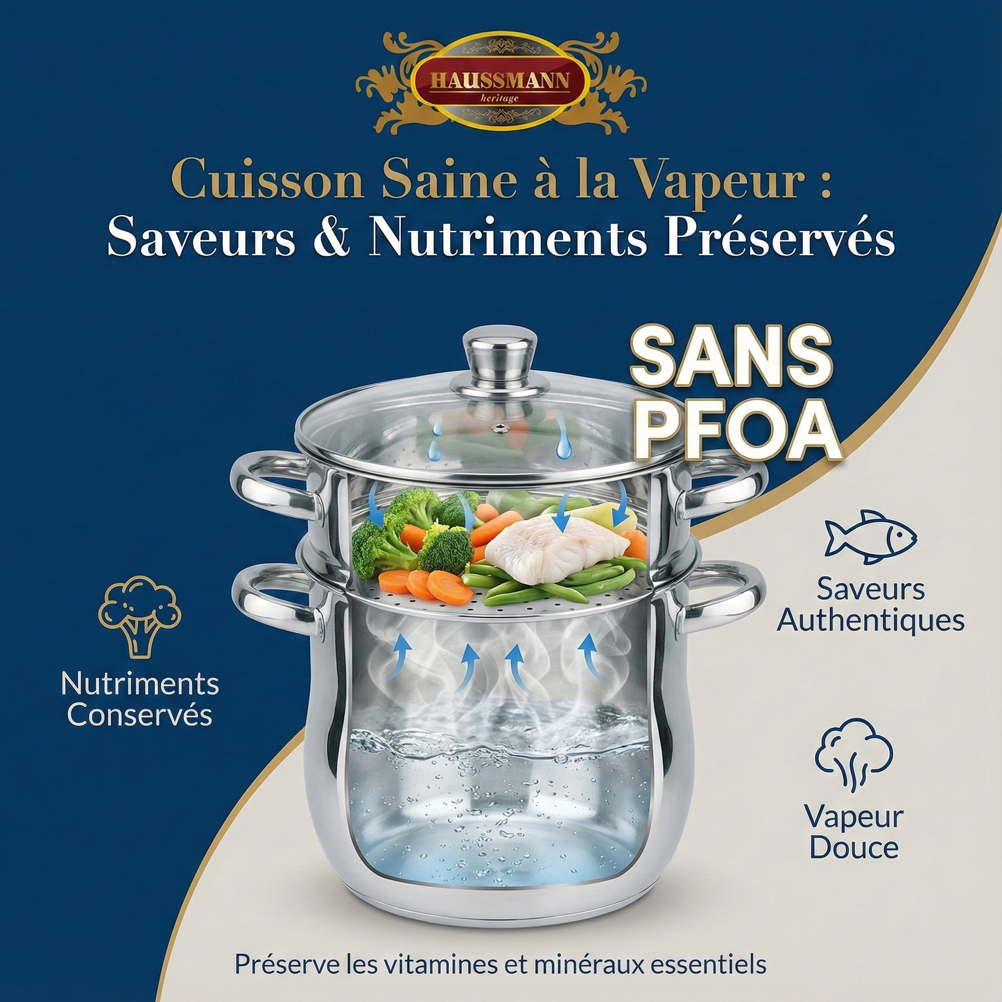 Haussmann Héritage® - Set 3 Pièces Couscoussier / Cuit Vapeur / Faitout| INOX Haute Qualité | Induction & Lave-Vaisselle