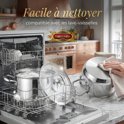 Haussmann Héritage® - Lot 3 Faitouts/Marmites Professionnels | Inox 18/10, Induction, Four 180°C | Couvercles Verre & Graduation