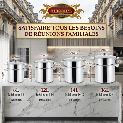 Haussmann Héritage® - Couscoussier / Cuit Vapeur / Faitout 3 en 1 | INOX Triple Fond, Induction & Four 260°C | Lave-Vaisselle
