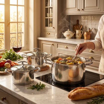 Haussmann Héritage® - Lot 3 Faitouts/Marmites Professionnels | Inox 18/10, Induction, Four 180°C | Couvercles Verre & Graduation