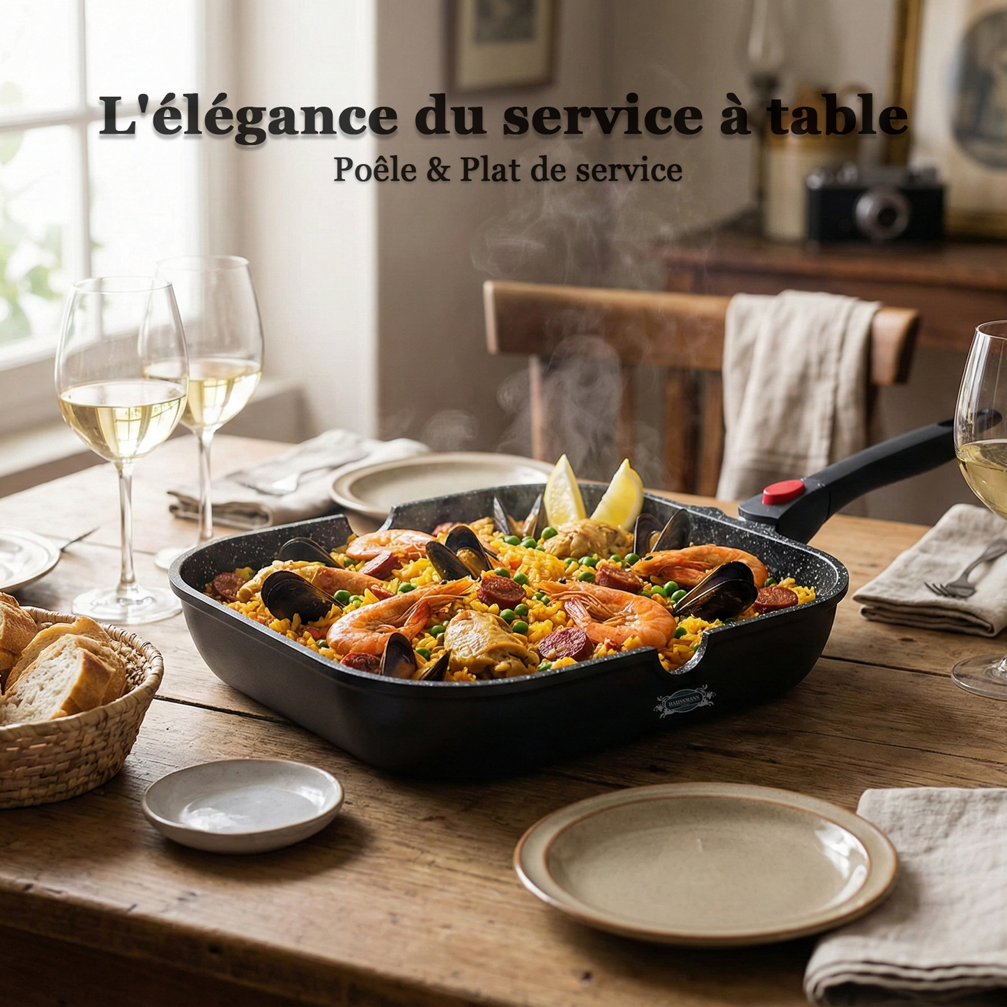 Haussmann Héritage® - Poêle Gril Antiadhésive 28 cm | Grillades Parfaites | Induction & Four | Manche Amovible
