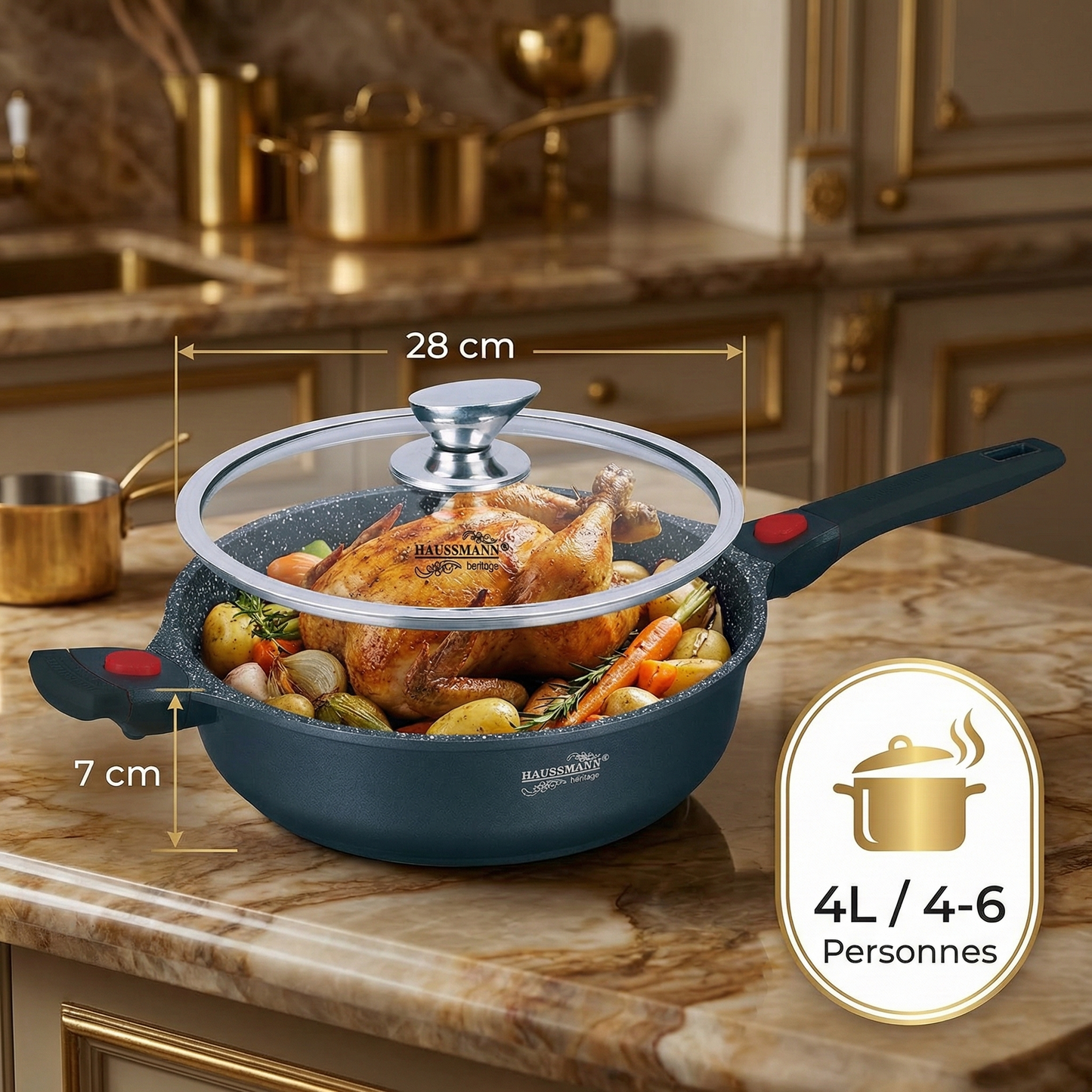 Haussmann Héritage® - Sauteuse Professionnelle 28 cm | Induction, Four (260°C) & Lave-Vaisselle | Poignée Amovible