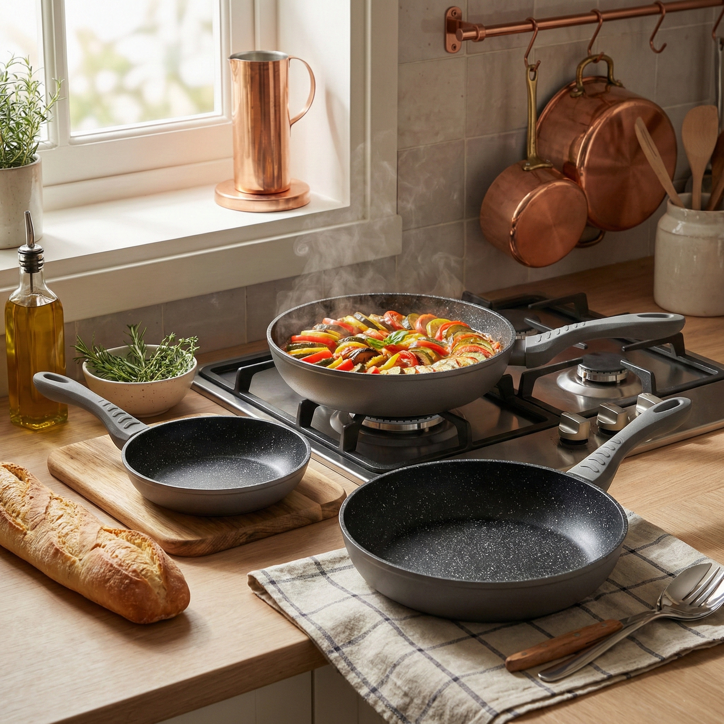 Haussmann Héritage®  - Set 3 Poêles Induction 20/24/28 cm – Antiadhésif StoneTech® 5 Couches Effet Pierre – Sans PFOA/PTFE