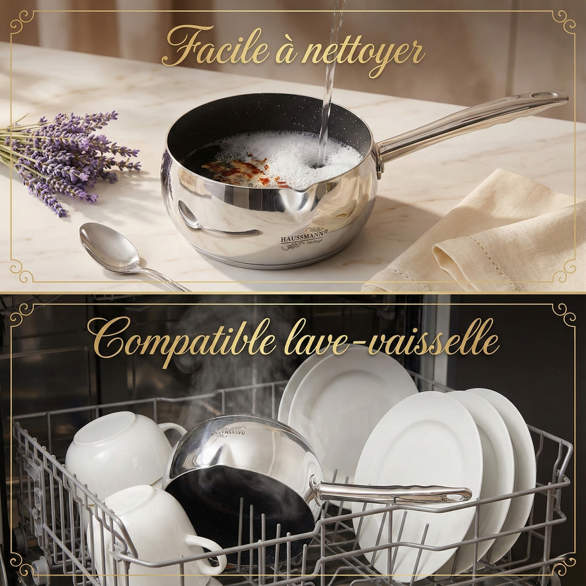Haussmann Héritage® - Set 3 Casseroles Professionnelles (1.6 L à 3.1 L) | INOX & Revêtement Pierre Anti-Adhérent | Induction | Fond 8 mm