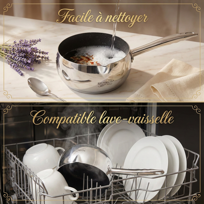 Haussmann Héritage® - Set 3 Casseroles Professionnelles (1.6 L à 3.1 L) | INOX & Revêtement Pierre Anti-Adhérent | Induction | Fond 8 mm