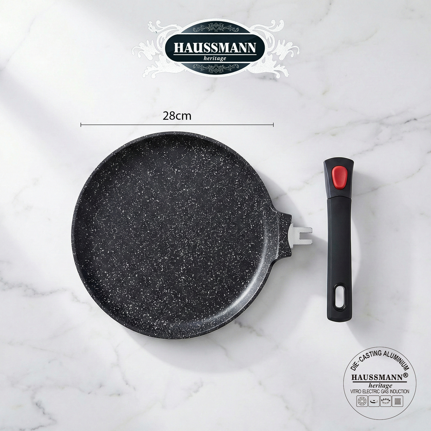 Haussmann Héritage® - Poêle à Crêpes Antiadhésive 28 cm | Manche Amovible | Fonte d'Aluminium & Induction
