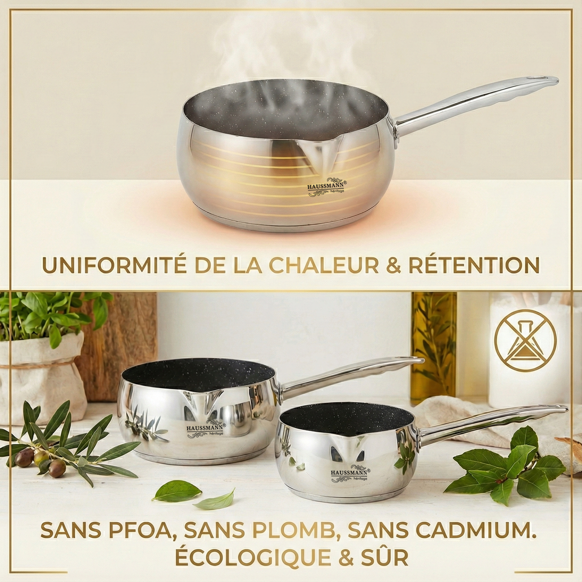 Haussmann Héritage® - Set 3 Casseroles Professionnelles (1.6 L à 3.1 L) | INOX & Revêtement Pierre Anti-Adhérent | Induction | Fond 8 mm