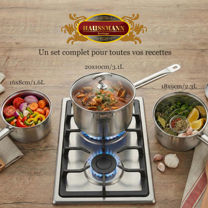Haussmann Héritage® - Set 6 Pièces Casseroles Professionnelles (1.6 L à 3.1 L) | INOX, Induction & Four 260°C | Couvercles Auto-Arrosants