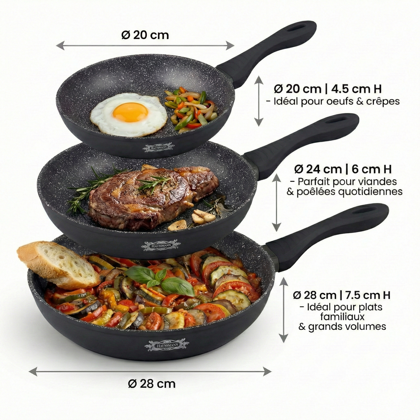 Haussmann Héritage® - Set 3 Poêles Antiadhésives (20/24/28 cm) | Revêtement StoneTech® 5 Couches | Induction | Poignée Ergonomique