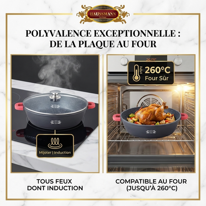 Haussmann Héritage® - Sautoir Familial XXL | Ø 32 à 40 cm | Fonte d'Aluminium, Revêtement Pierre | Induction & Lave-Vaisselle